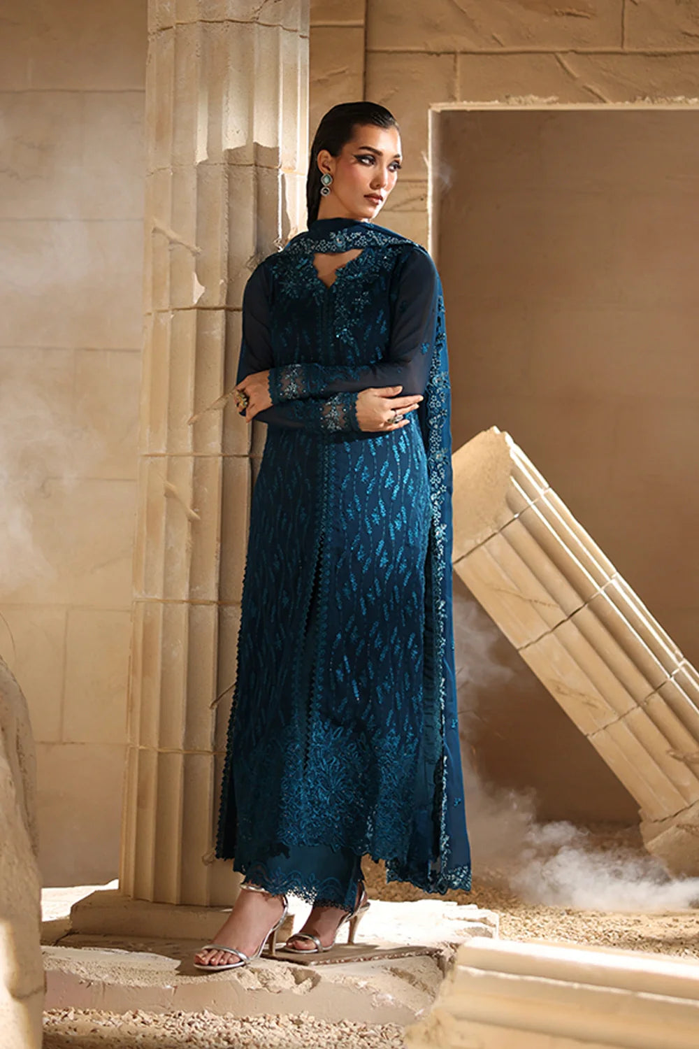 TEAL 3PC EMBROIDERED CHIFFON-DELIVERY 5 WEEKS