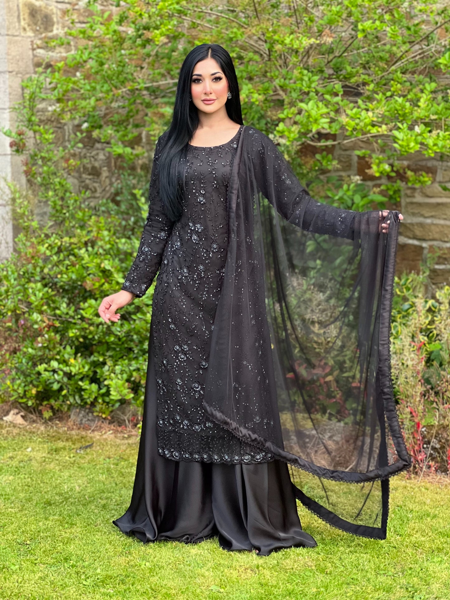 BLACK 3PC NET SHARARA - PRE ORDER DELIVERY 4 WEEKS