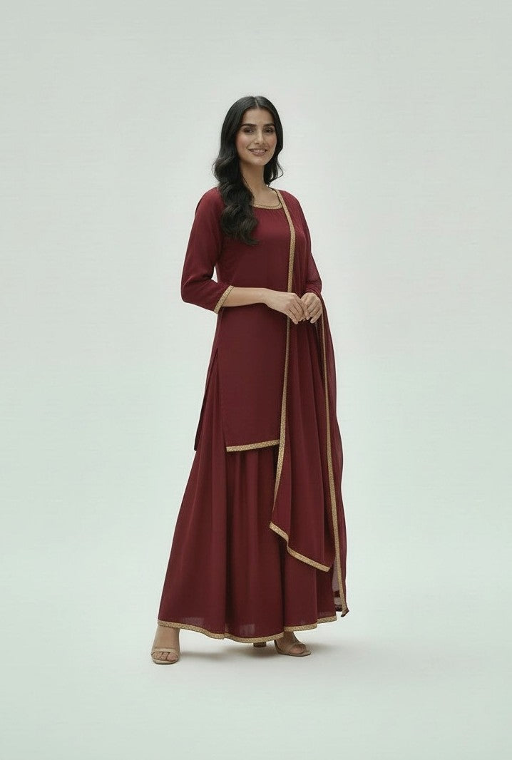 CHOCOLATE MAROON 3PC PLAZO-IMMEDIATE DELIVERY