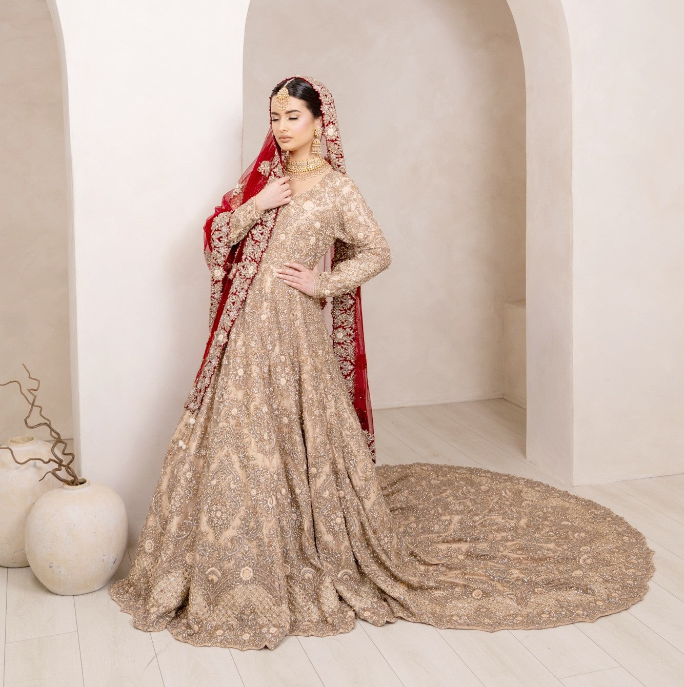 BRIDAL DRESS RED SCARF/BEIGH - 2/3 MONTHS DELIVERY