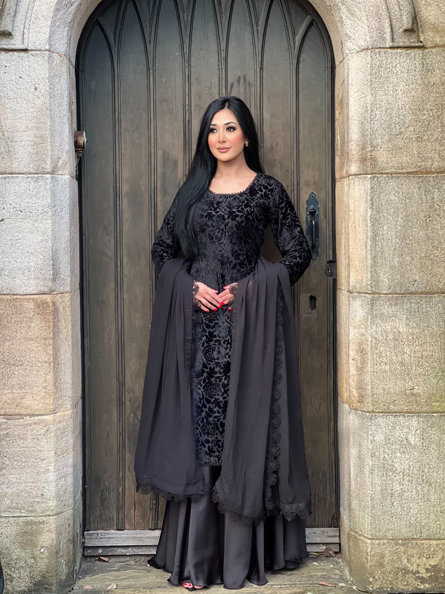 BLACK PLACHI 3PC PLAZO-PRE ORDER DELIVERY 8 WEEKS