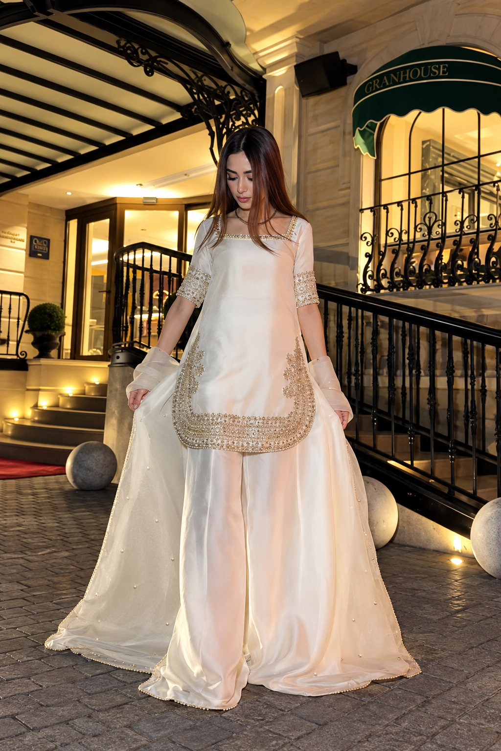 SHARARA PURE SILK EMBROIDERED 3PC-DELIVER 4/6 WEEKS