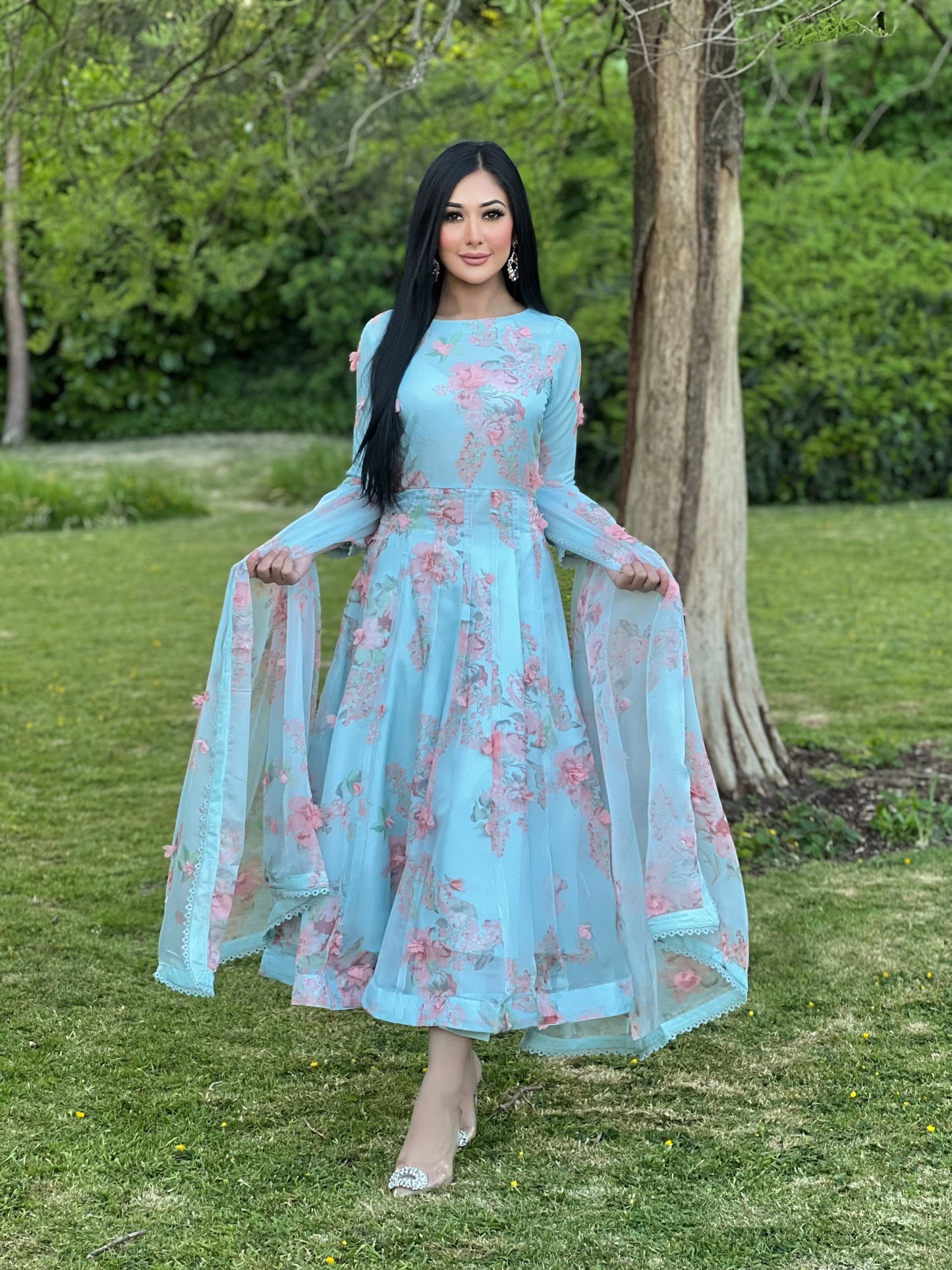 SKY BLUE FLORAL 3PC DRESS SPECIAL OFFER-PRE ORDER 2 WEEKS