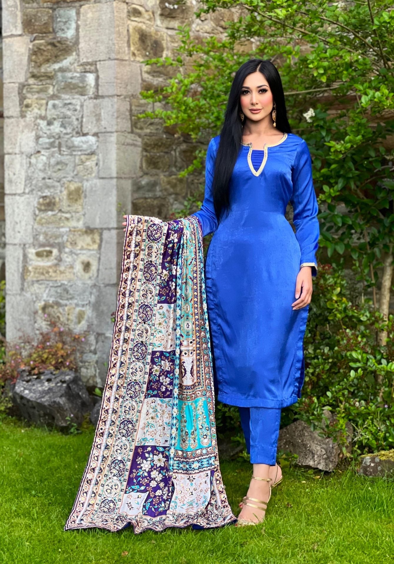 blue multi dupatta 3pc - PRE ORDER DELIVERY 6 WEEKS