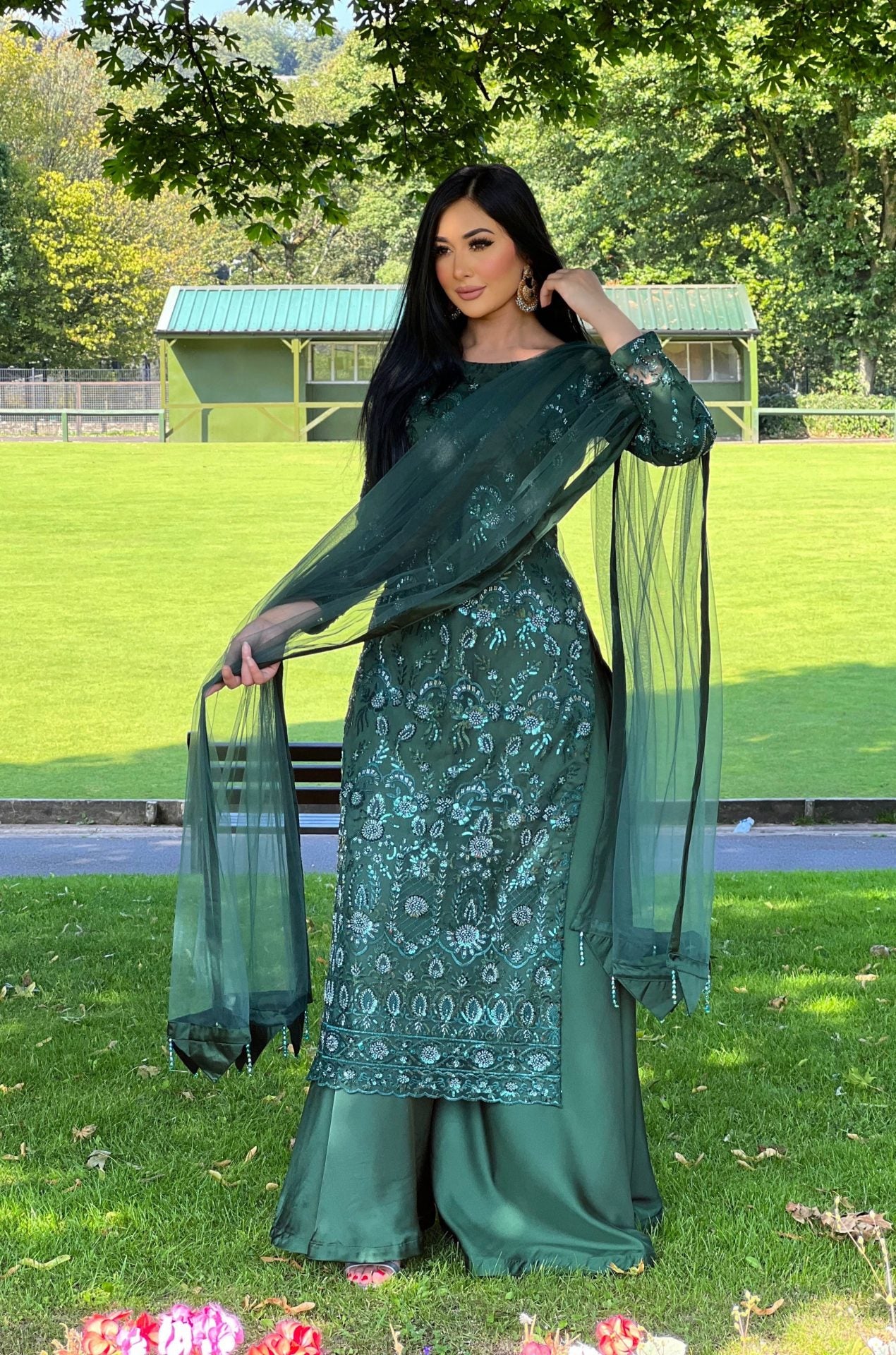 Bottle green net embroidered sharara - pre order 4wks