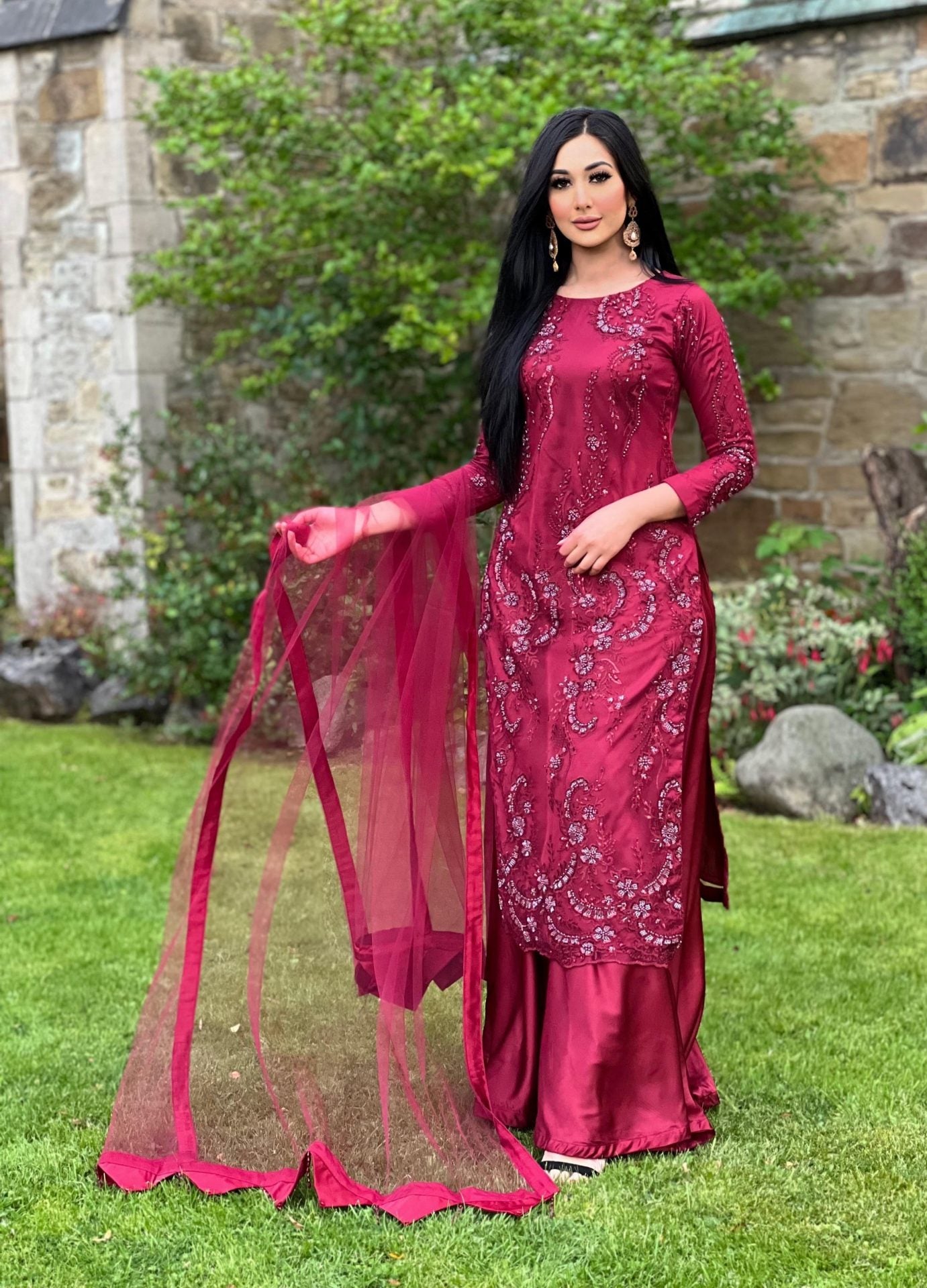 maroon embroidered net sharara - pre order 3 weeks