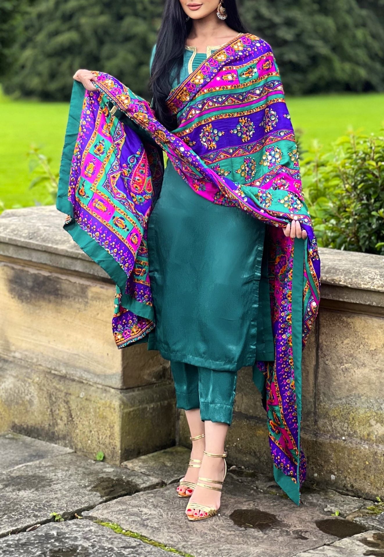 green multi dupatta 3pc - pre order 6 weeks