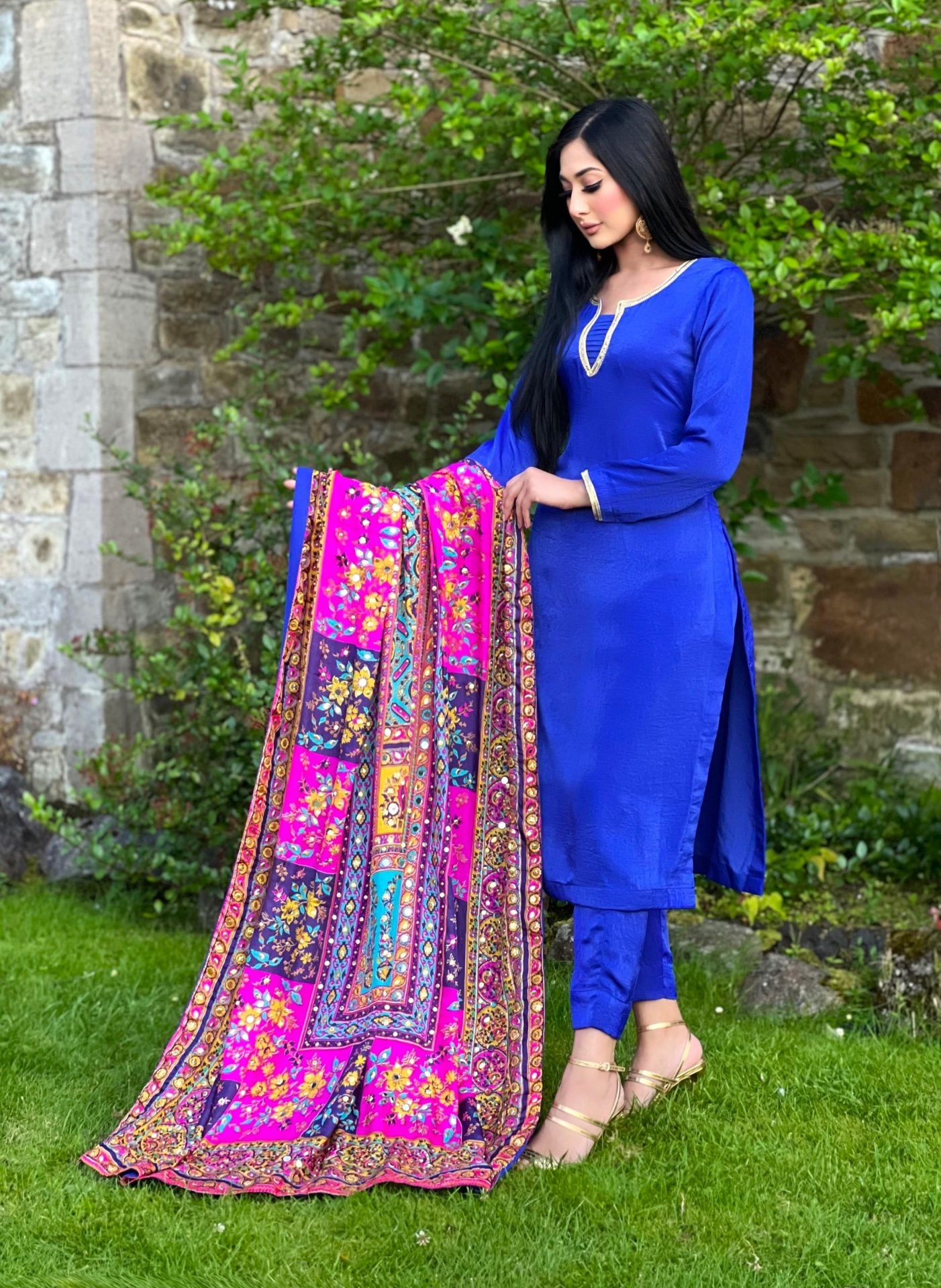 royal blue multi dupatta 3pc - PRE ORDER DELIVERY 6 WKS