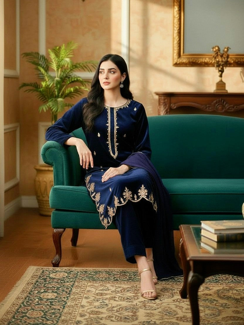 NAVY 3PC EMBROIDERED VELVET-EID DELIVERY-LIMITED STOCK