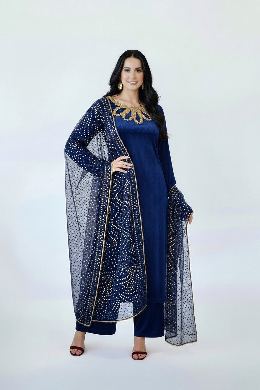 NAVY 3PC CHUNRI-IMMEDIATE DELIVERY