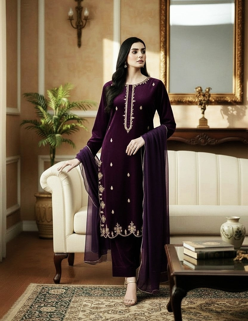 PLUM 3PC EMBROIDERED VELVET-EID DELIVERY-LIMITED STOCK