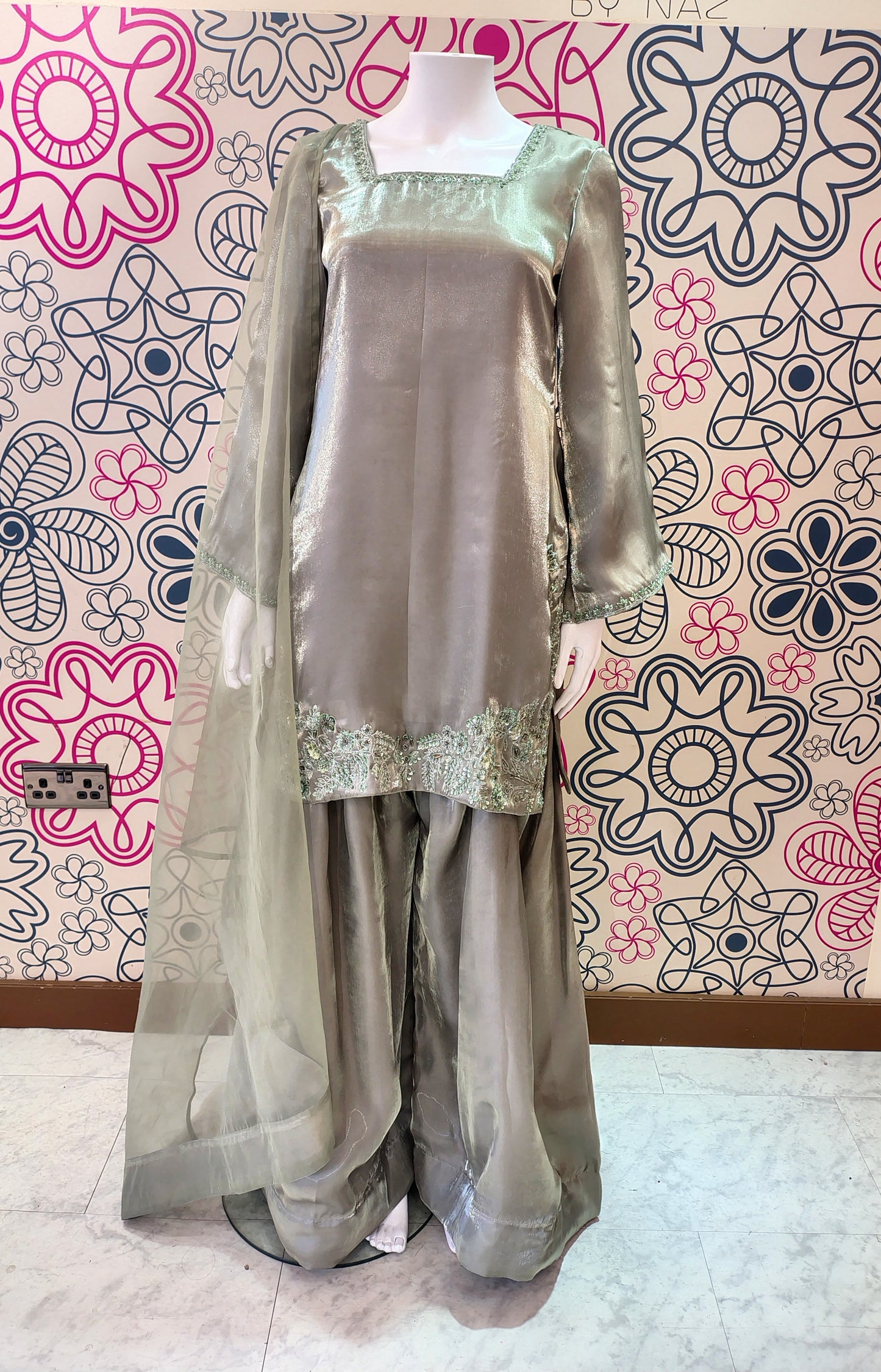 EMBROIDERED SAGE GREEN 3PC SHARARA - DELIVERY 4 WEEKS