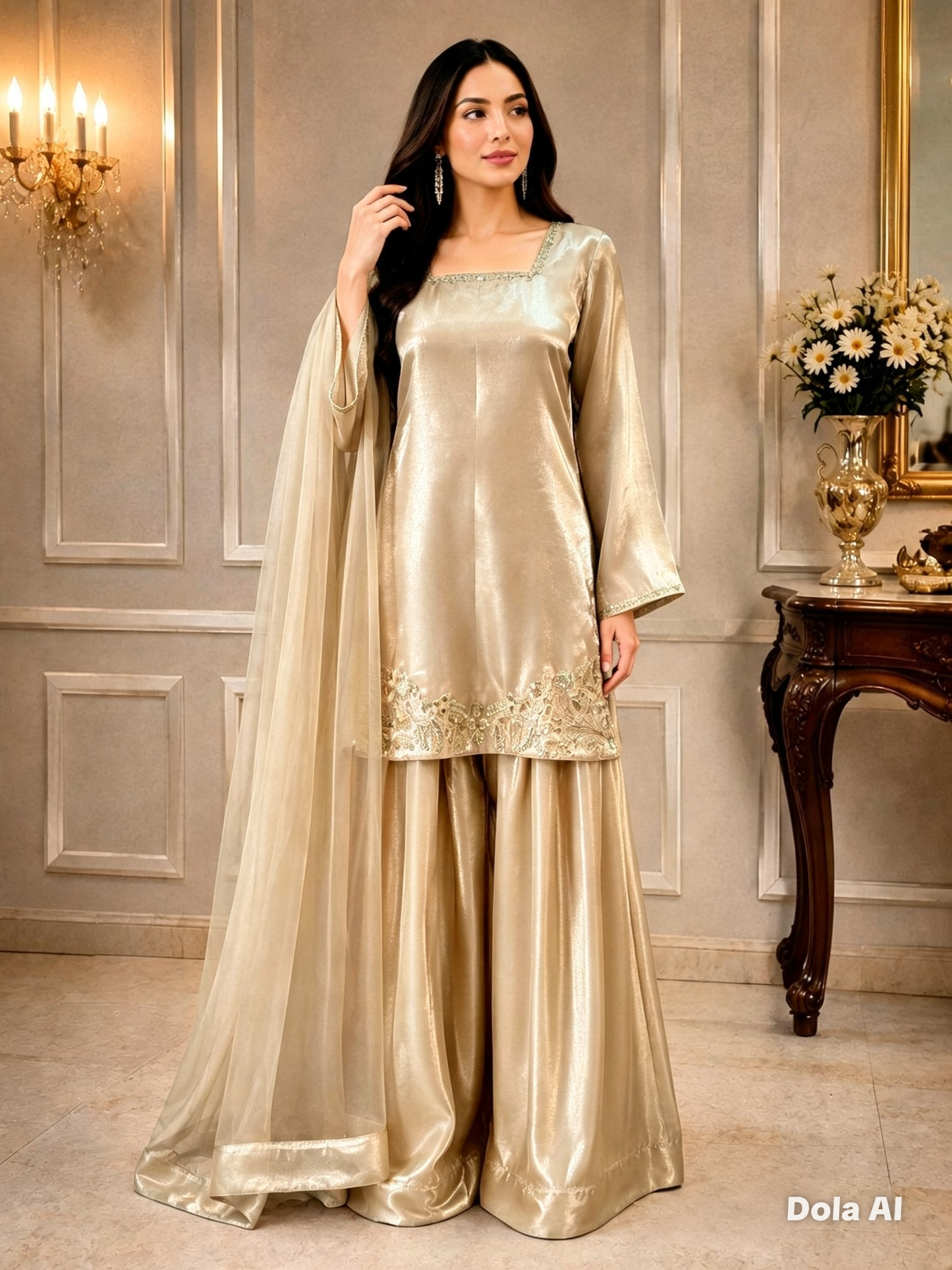 EMBROIDERED 3PC SHARARA CHAMPAGNE - DELIVERY 4 WEEKS