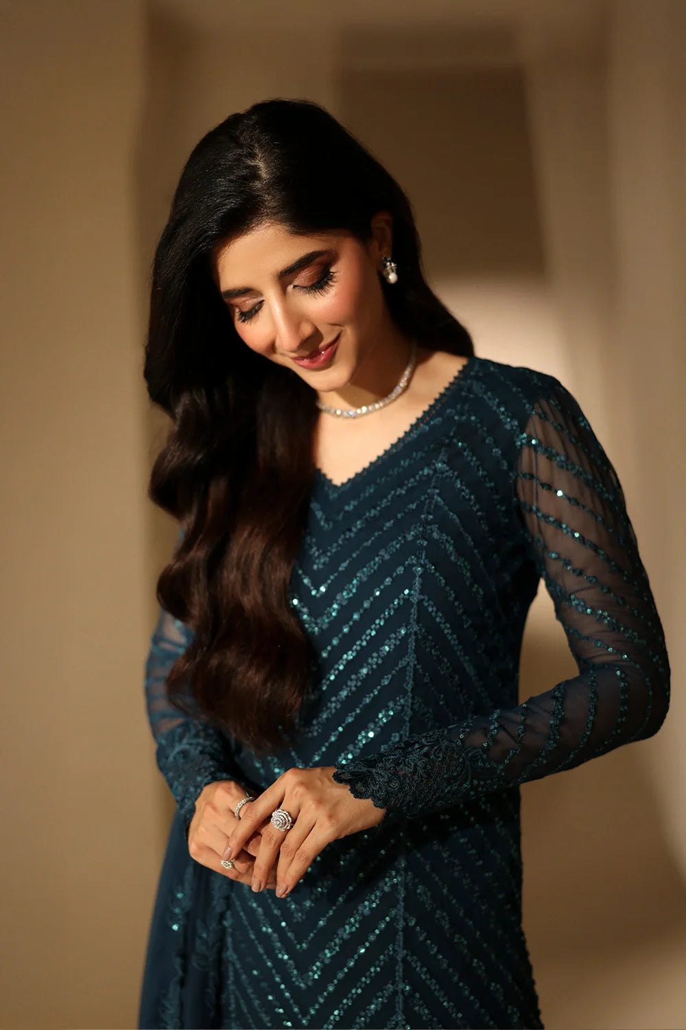 TEAL 3PC EMBROIDERED CHIFFON-DELIVERY 5 WEEKS