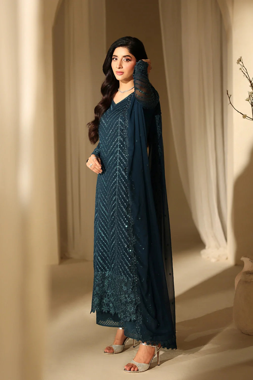 TEAL 3PC EMBROIDERED CHIFFON-DELIVERY 5 WEEKS