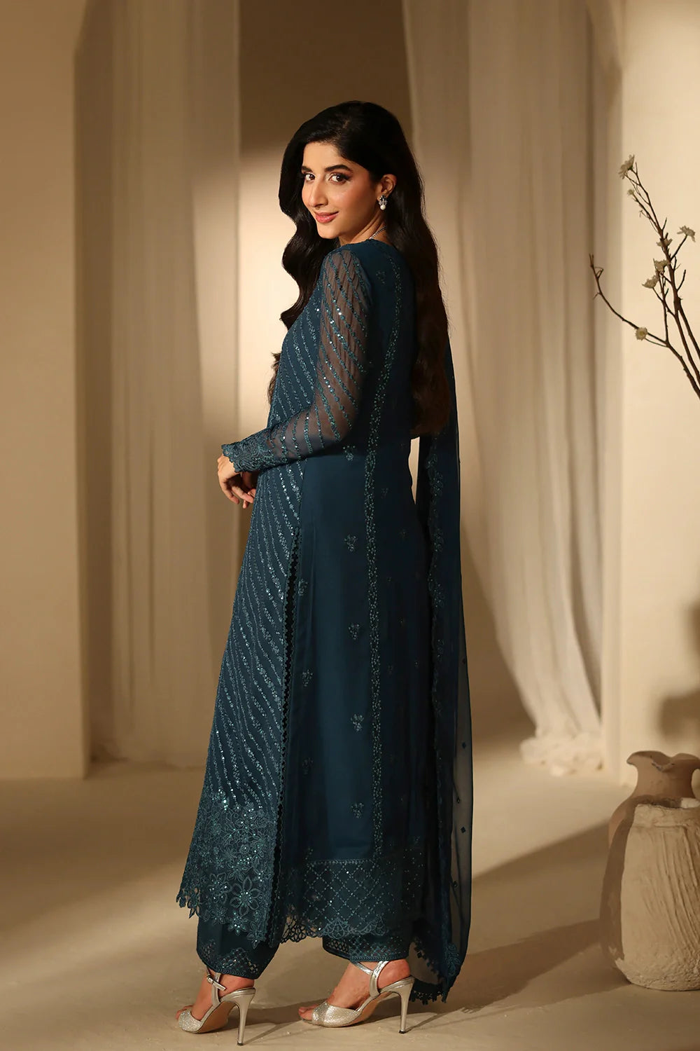 TEAL 3PC EMBROIDERED CHIFFON-DELIVERY 5 WEEKS