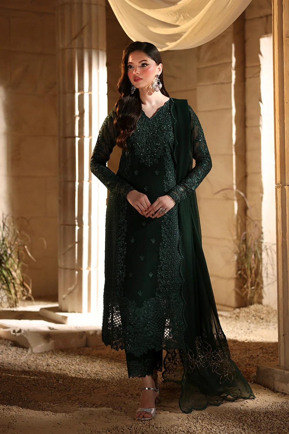 DARK GREEN 3PC CHIFFON-DELIVERY 5 WEEKS
