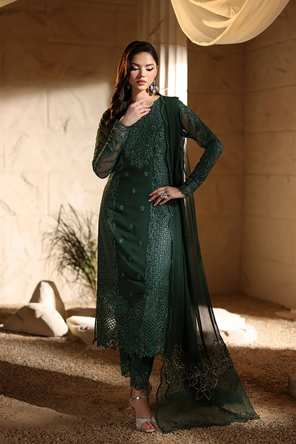 DARK GREEN 3PC CHIFFON-DELIVERY 5 WEEKS