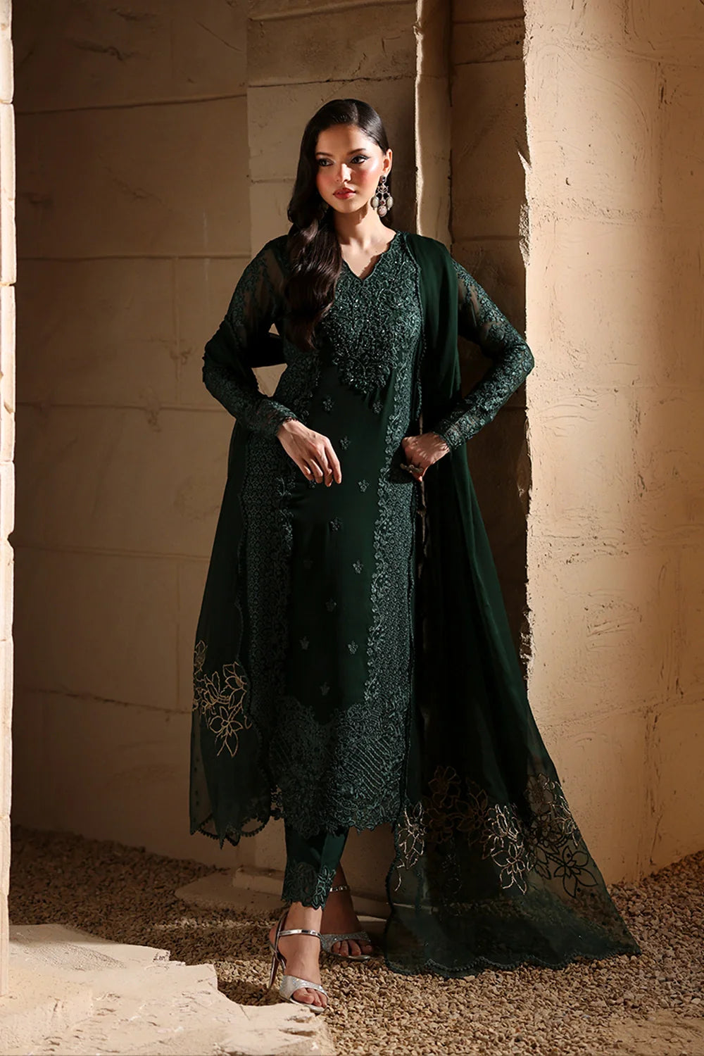 DARK GREEN 3PC CHIFFON-DELIVERY 5 WEEKS