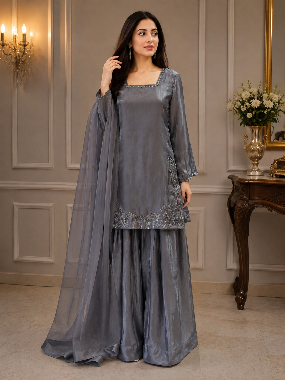 EMBROIDERED GREY SHARARA-DELIVERY 4 WEEKS
