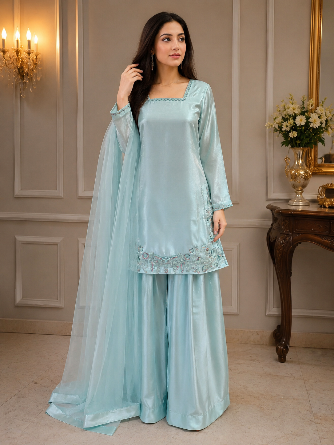 EMBROIDERED MINT SHARARA- DELIVERY 4 WEEKS