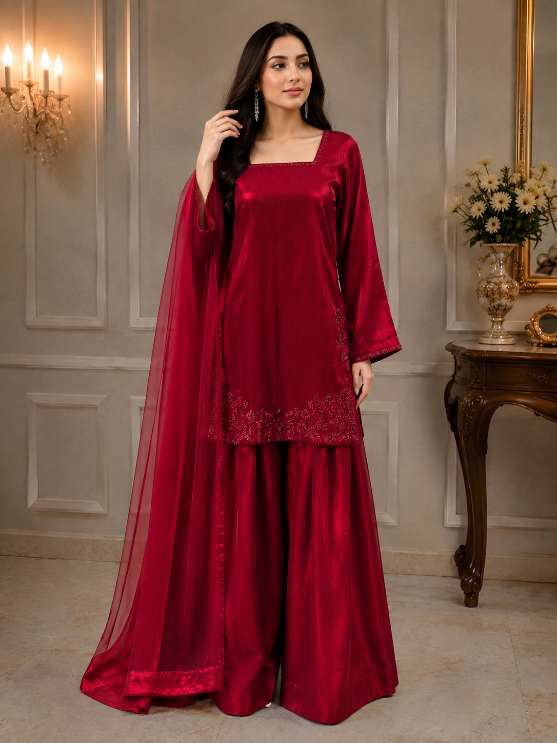 EMBROIDERED RED SHARARA- DELIVERY 4 WEEKS