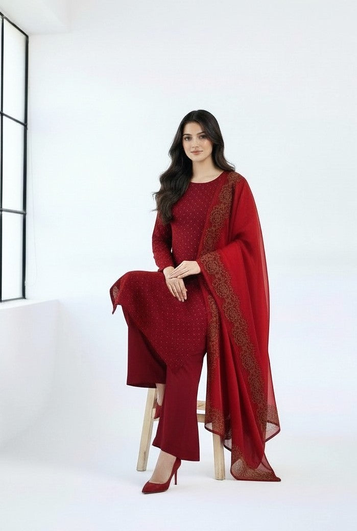 RED 3PC SHEESHA SILK-NEXT DAY DELIVERY OPTION