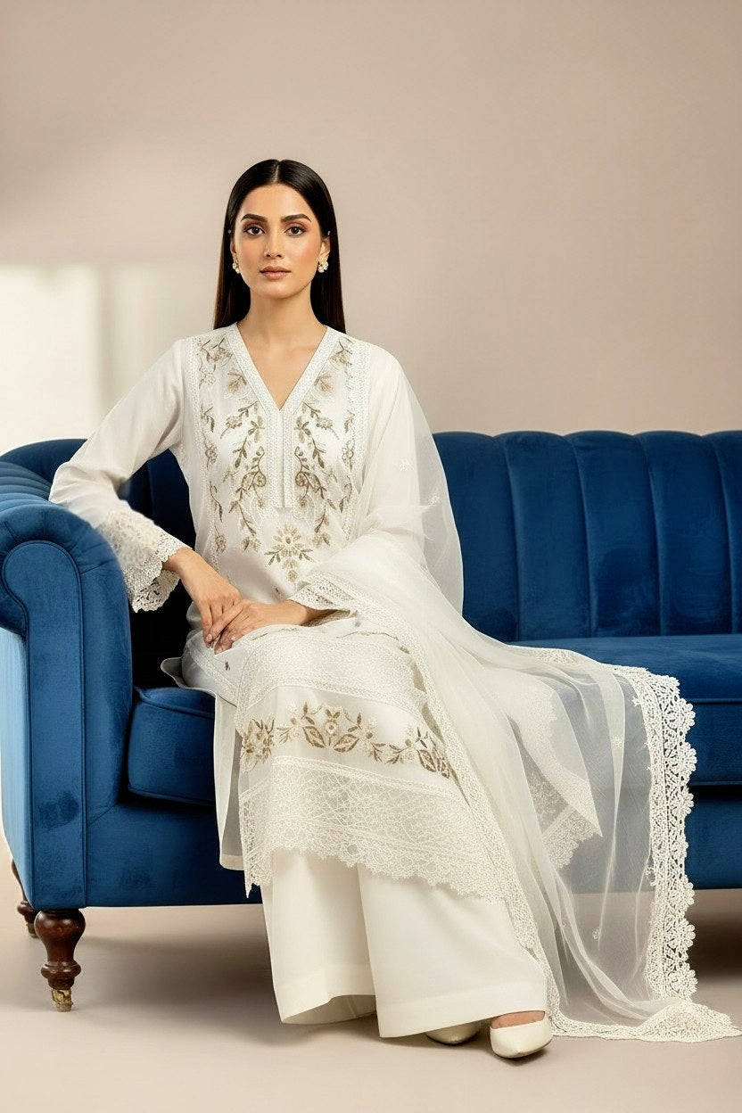 WHITE KHADDI NET 3PC - IMMEDIATE DELIVERY