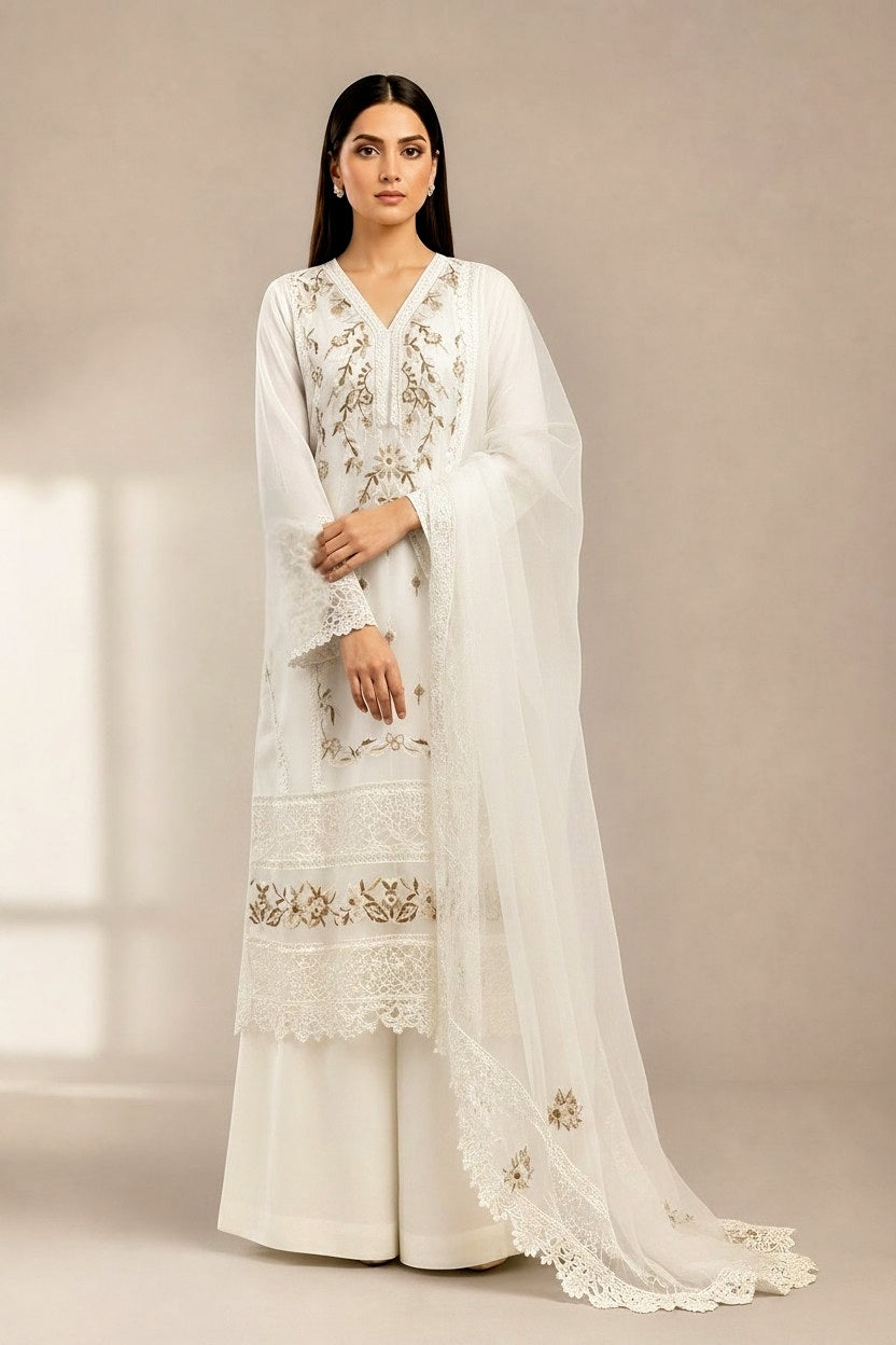 WHITE KHADDI NET 3PC - IMMEDIATE DELIVERY