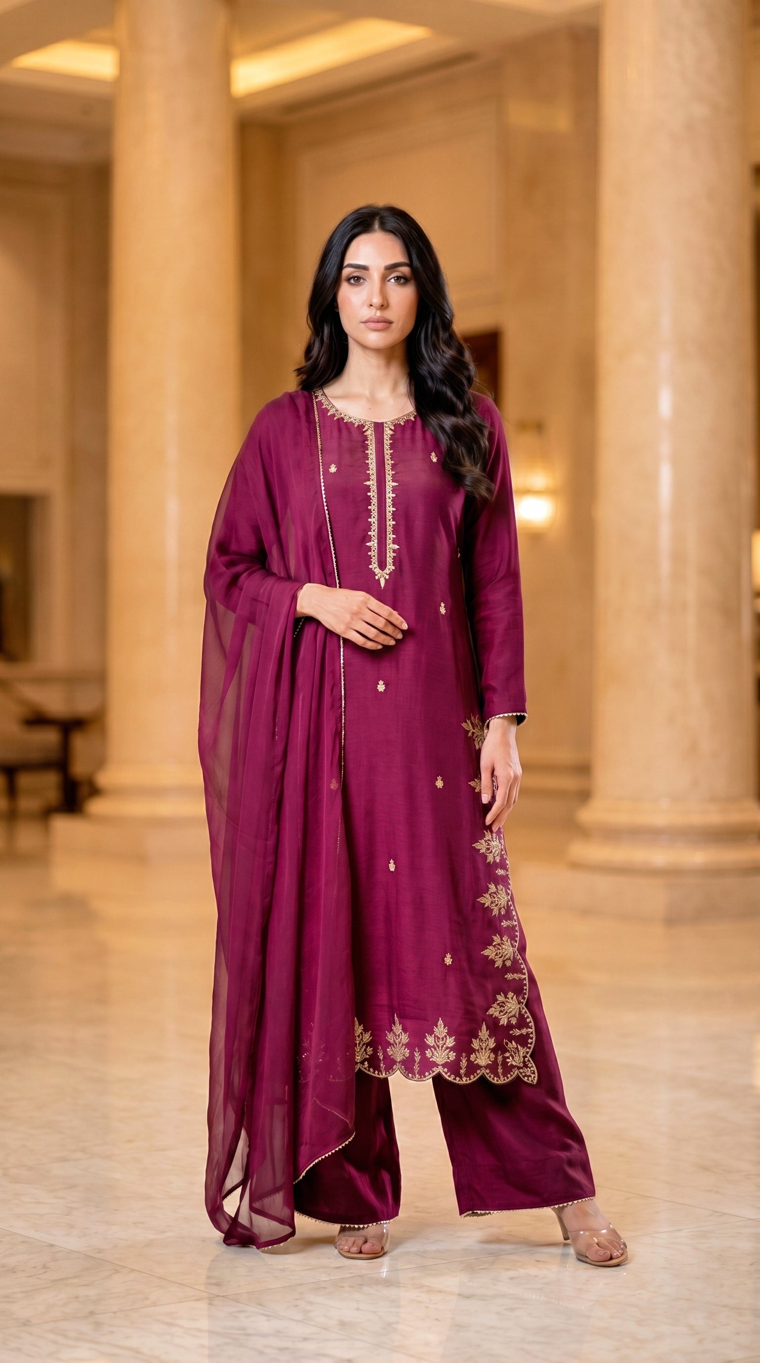 MAGENTA 3PC EMBROIDERED - NEXT DAY DELIVERY AVAILABLE