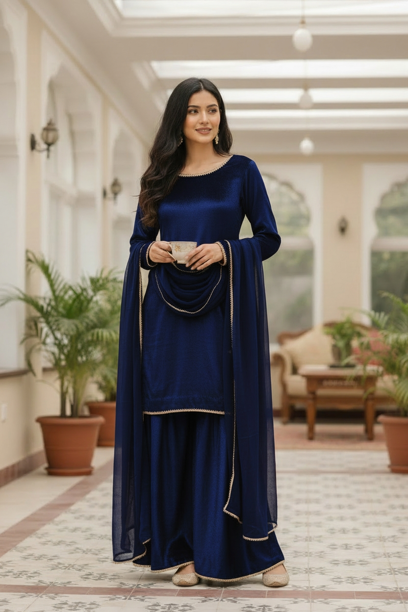 NAVY 3PC PLAZO-DELIVERY 1 WEEKS