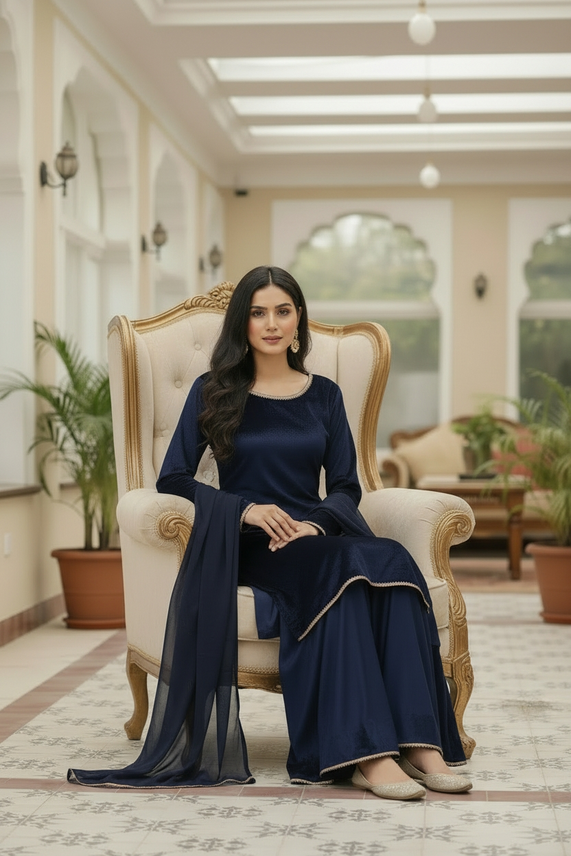 NAVY 3PC PLAZO-DELIVERY 1 WEEKS