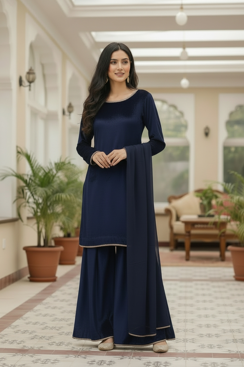 NAVY 3PC PLAZO-DELIVERY 1 WEEKS