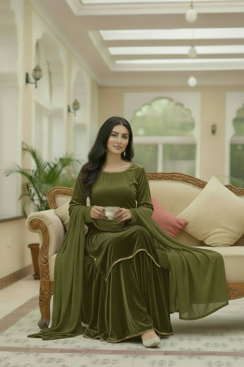 OLIVE GREEN 3PC PLAZO-IMMEDIATE-LIMITED STOCK