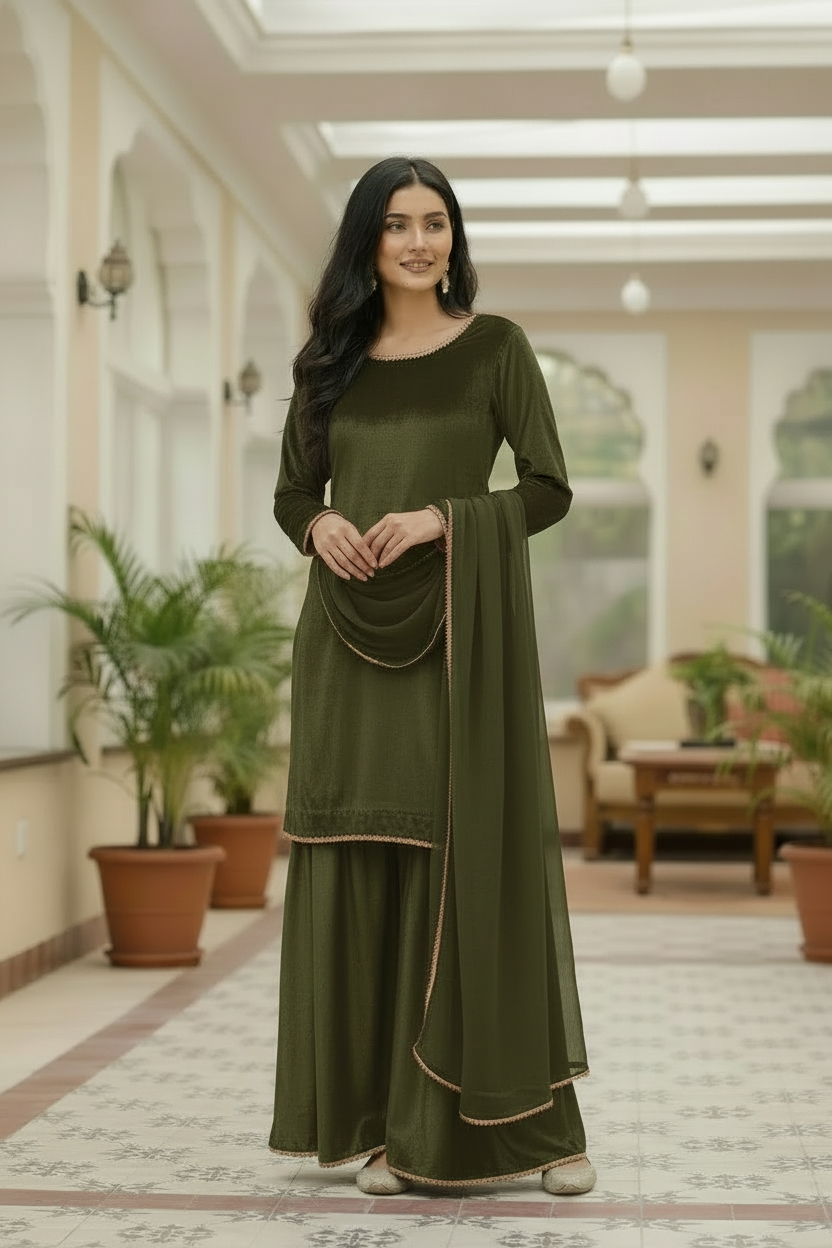 OLIVE GREEN 3PC PLAZO-IMMEDIATE-LIMITED STOCK