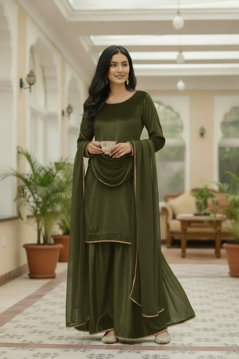 OLIVE GREEN 3PC PLAZO-IMMEDIATE-LIMITED STOCK