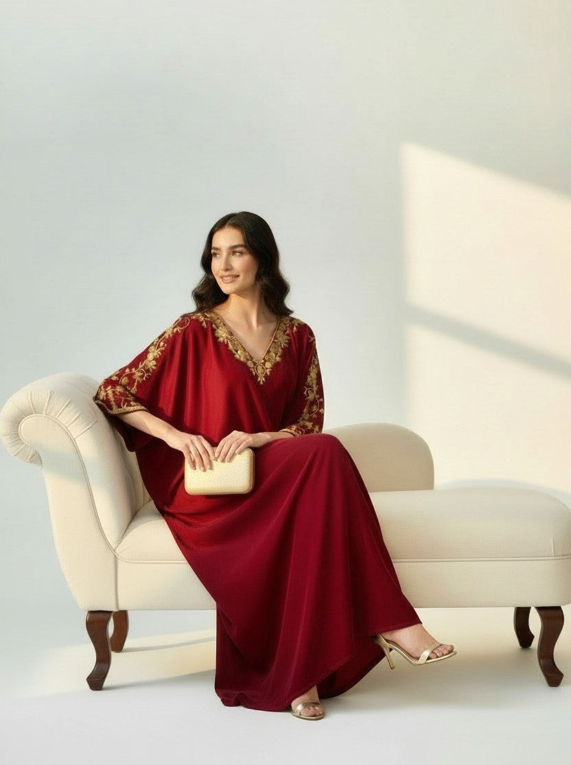 RED 2PC VELVET KAFTAN-EID DELIVERY