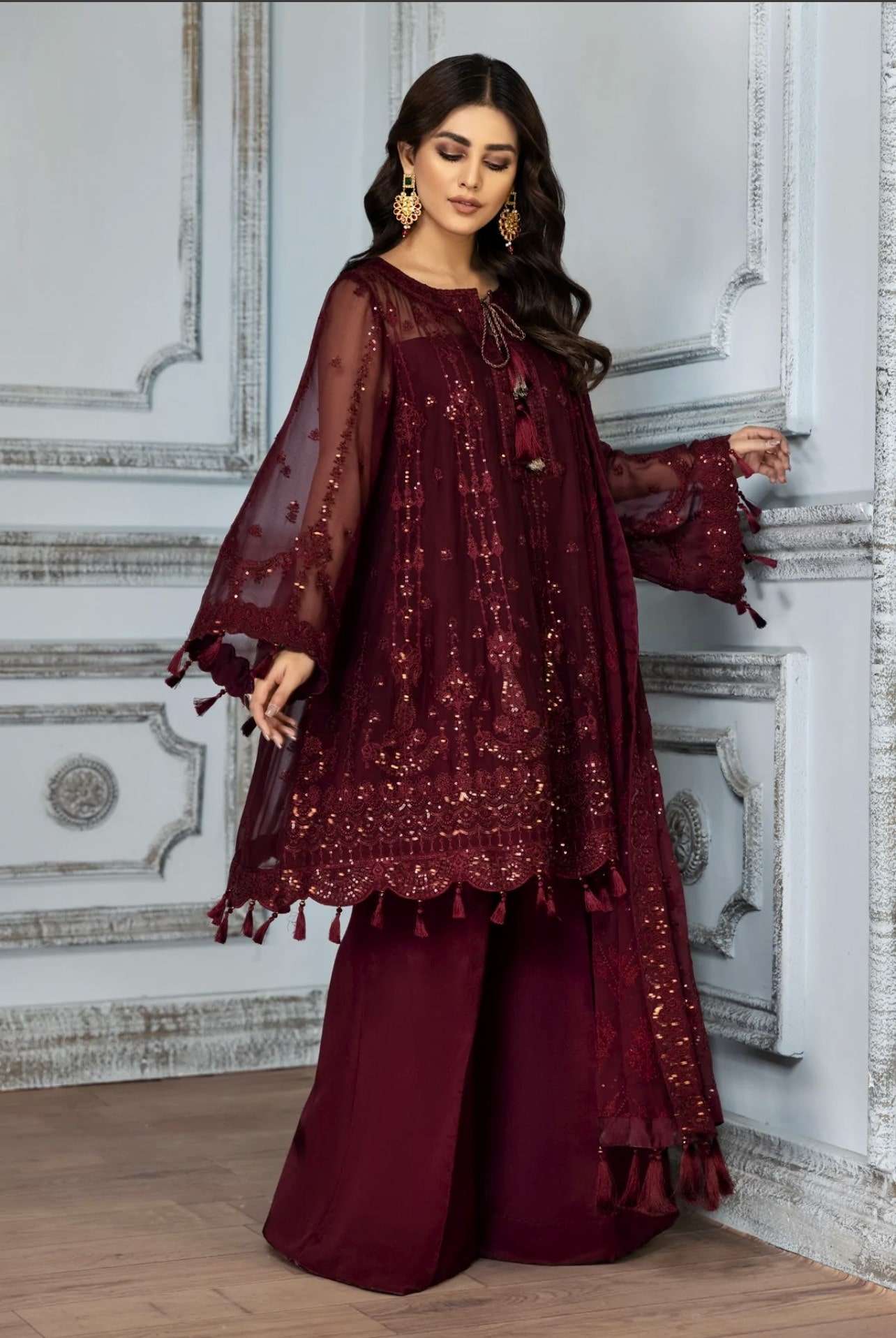 Alizeh 3pc luxury chiffon maroon suit-immediate delivery