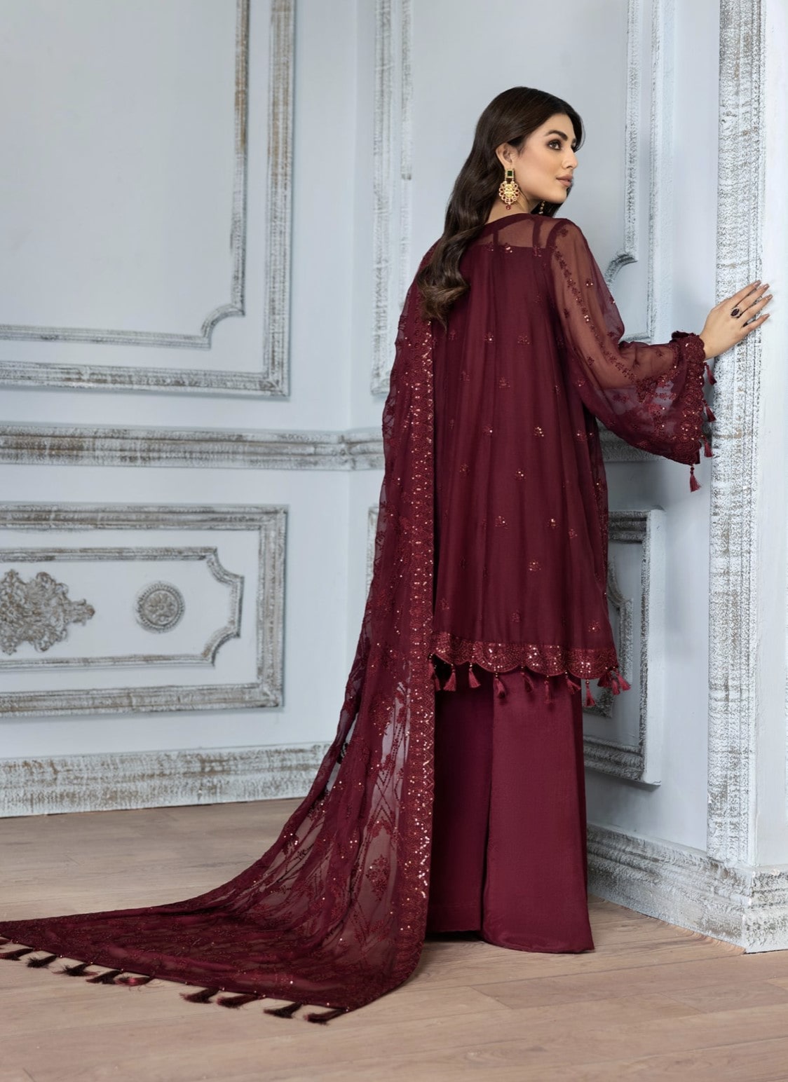 Alizeh 3pc luxury chiffon maroon suit-immediate delivery