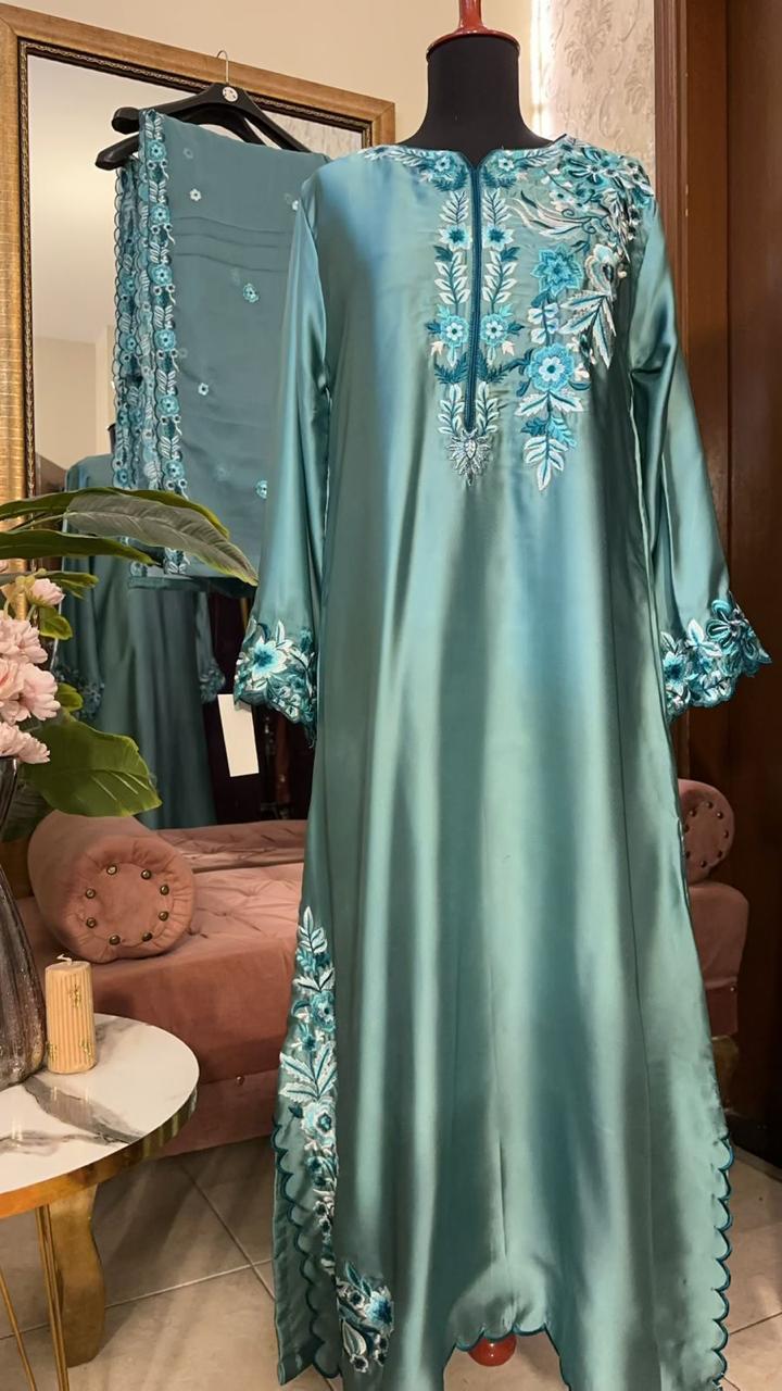 EMBROIDERED 3PC KAFTAN ICE BLUE- EID DELIVERY