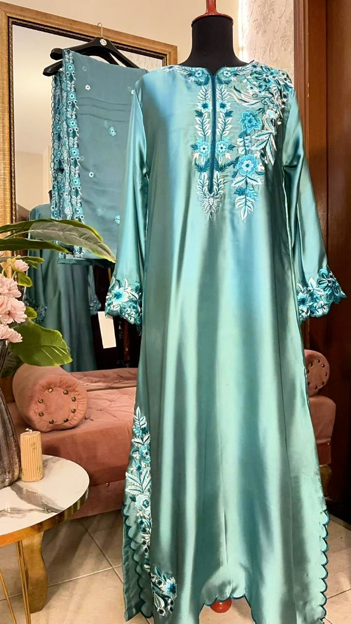 EMBROIDERED 3PC KAFTAN ICE BLUE- EID DELIVERY