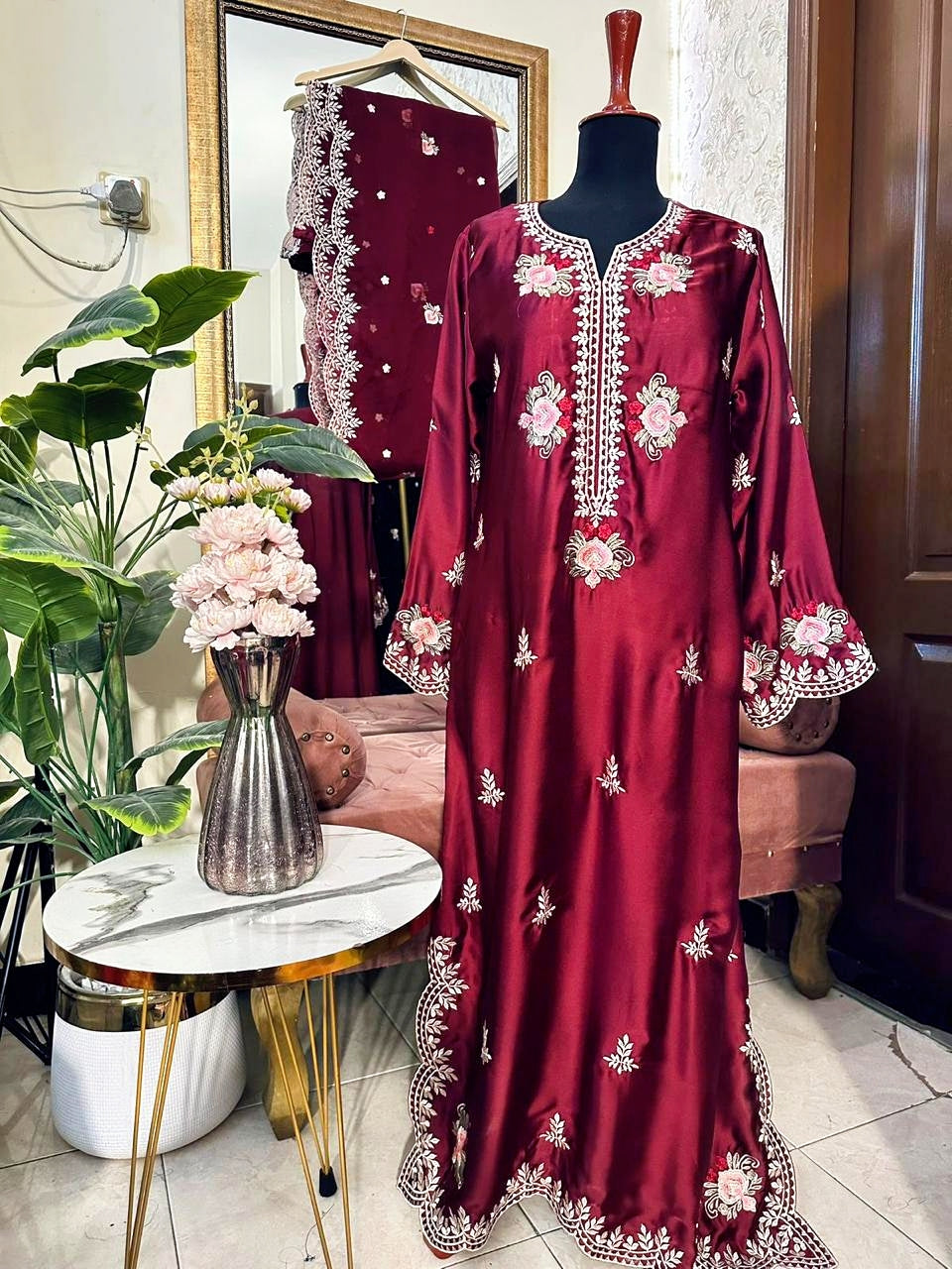 MAROON EMBROIDERED 3PC KAFTAN- NEXT DAY DELIVERY OPTION
