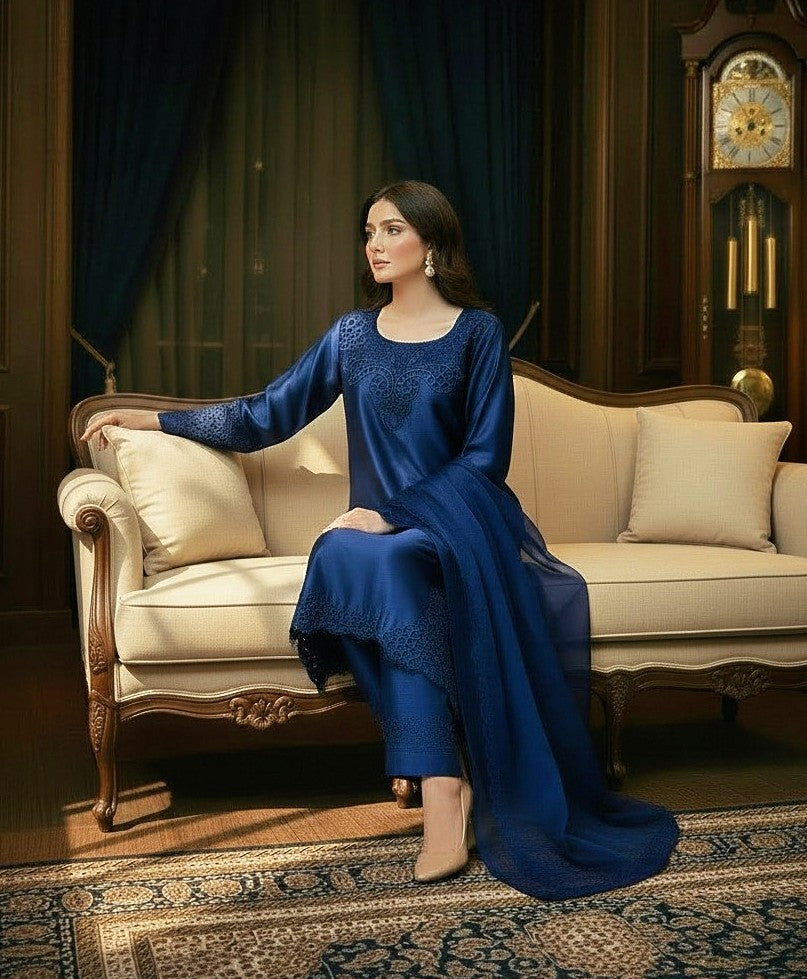 BLUE 3PC CUTWORK EMBROIDERED-NEXT DAY DELIVERY AVAILABLE