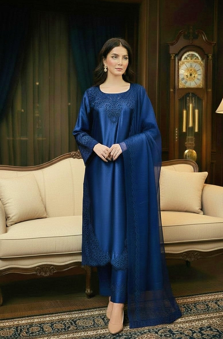 BLUE 3PC CUTWORK EMBROIDERED-NEXT DAY DELIVERY AVAILABLE