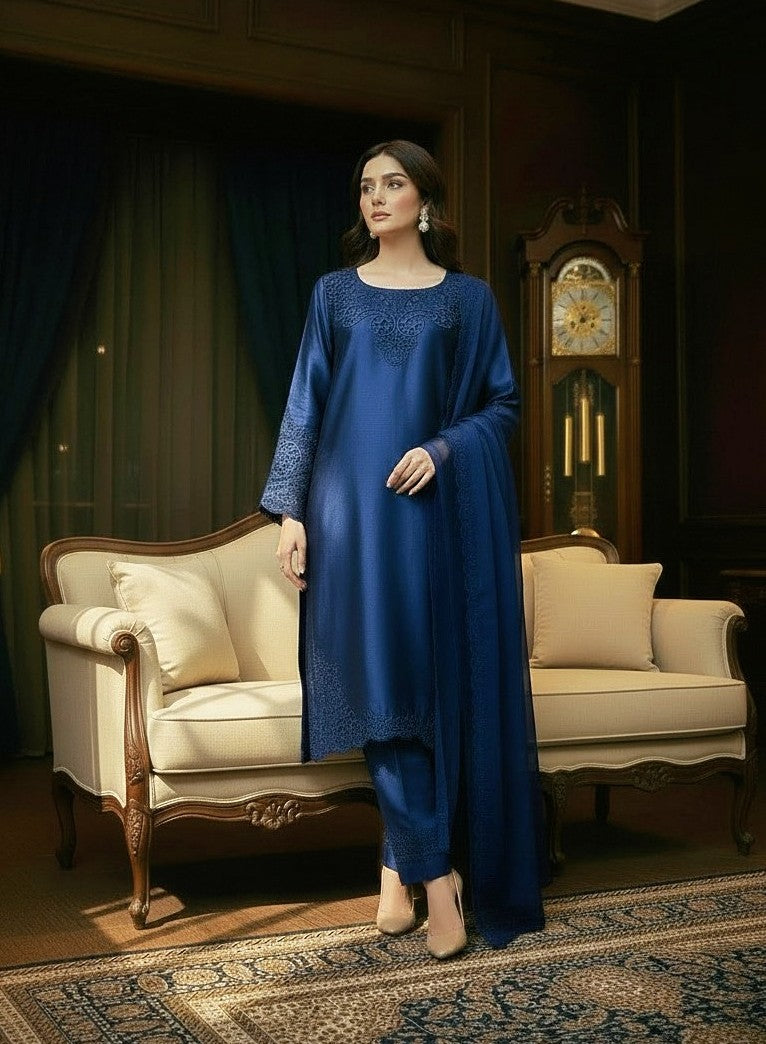 BLUE 3PC CUTWORK EMBROIDERED-NEXT DAY DELIVERY AVAILABLE