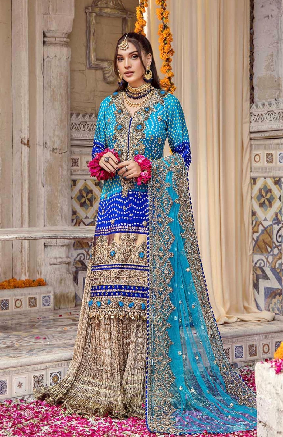 CHUNRI 3PC TURQOIUS EMBROIDERED SHARARA-3/4 WKS DELIVERY