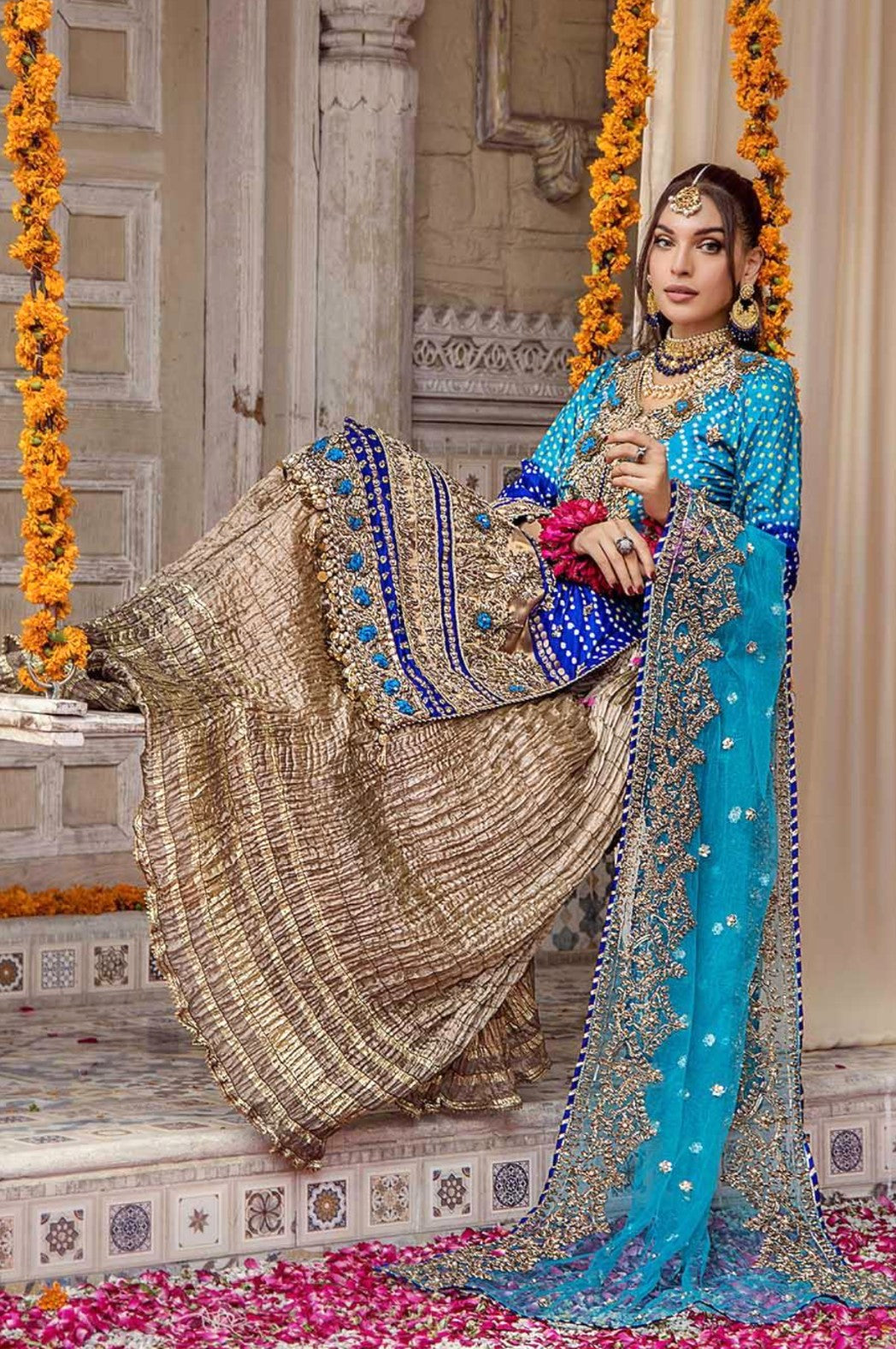 CHUNRI 3PC TURQOIUS EMBROIDERED SHARARA-3/4 WKS DELIVERY