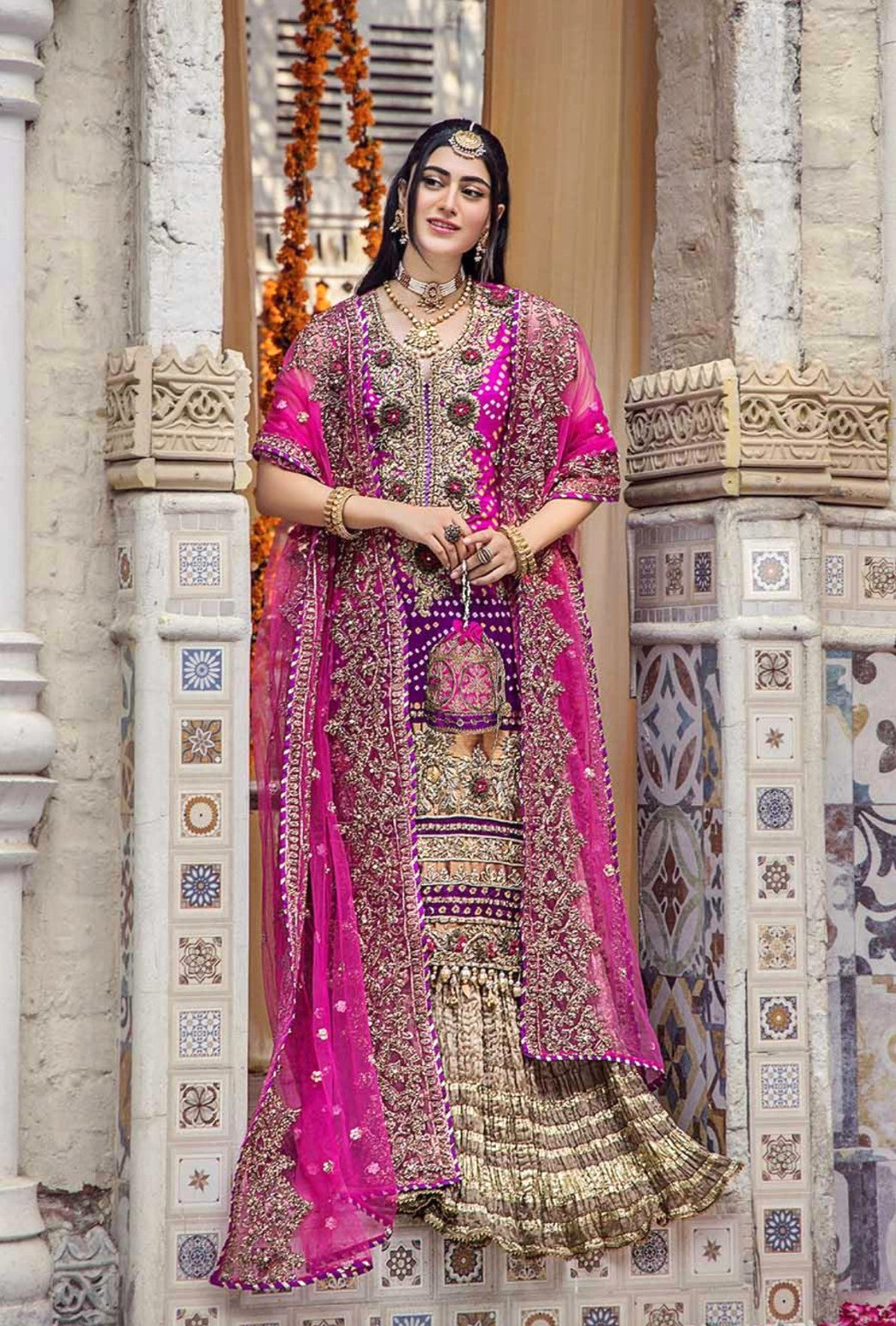 CHUNARI 3PC MAGENTA EMBROIDERED SHARARA-3/4 WKS DELIVERY