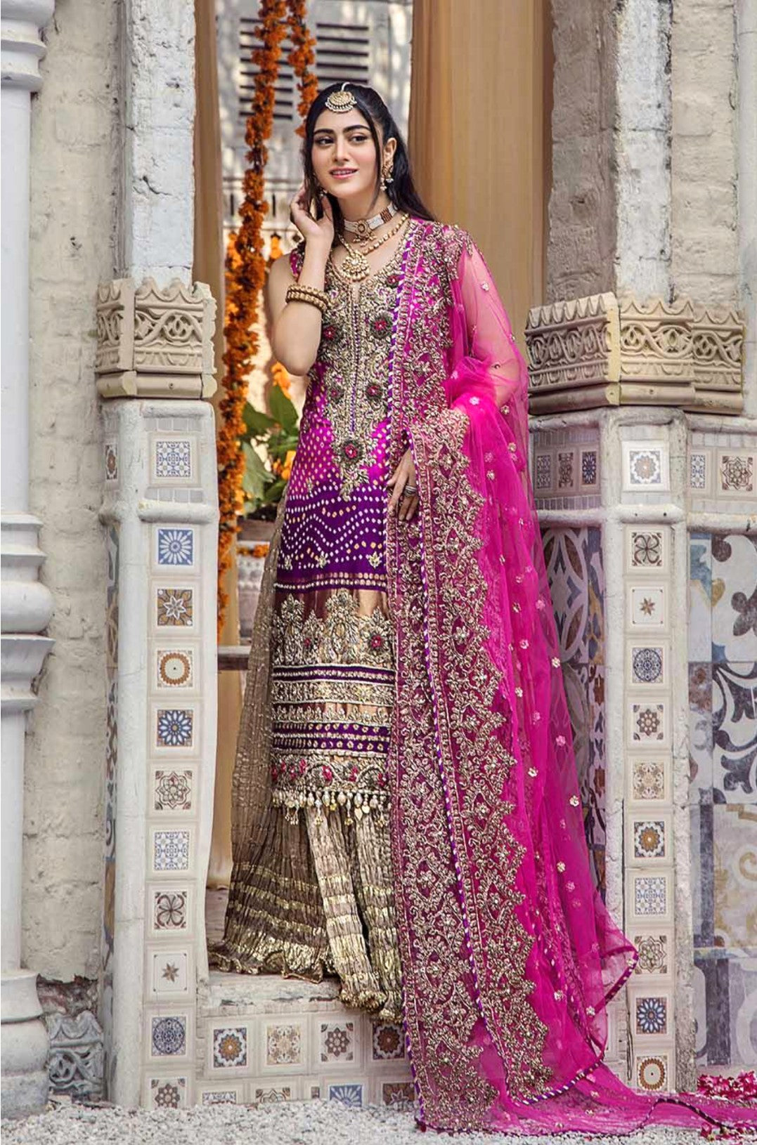 CHUNARI 3PC MAGENTA EMBROIDERED SHARARA-3/4 WKS DELIVERY