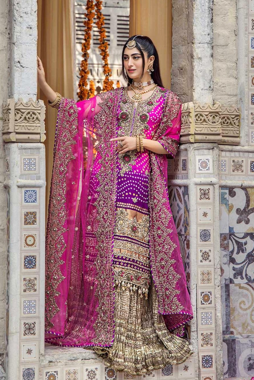 CHUNARI 3PC MAGENTA EMBROIDERED SHARARA-3/4 WKS DELIVERY